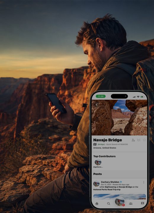 Travelers discovering a dramatic landscape
